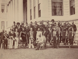 <b>Description: </b>Franz Joseph I with his entourage and Ottoman officials in Constantinople, 1869. Franz Joseph was en route to Egypt for the official opening of the Suez Canal. The stallion Abdul Aziz, called after the Ottoman Sultan Abdul Aziz, was presented on this occ<br/>